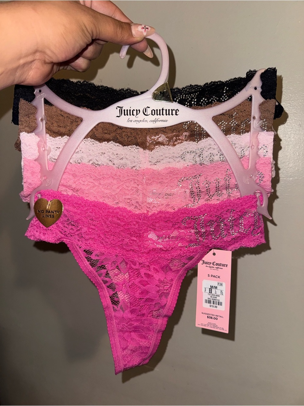 Juicy Couture Lace Thong 5-Pack in Hot Pink, Light Pink, Blush, Brown & Black